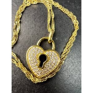 NEW Gold Plated Sterling Silver CZ Heart Lock Necklace 18”